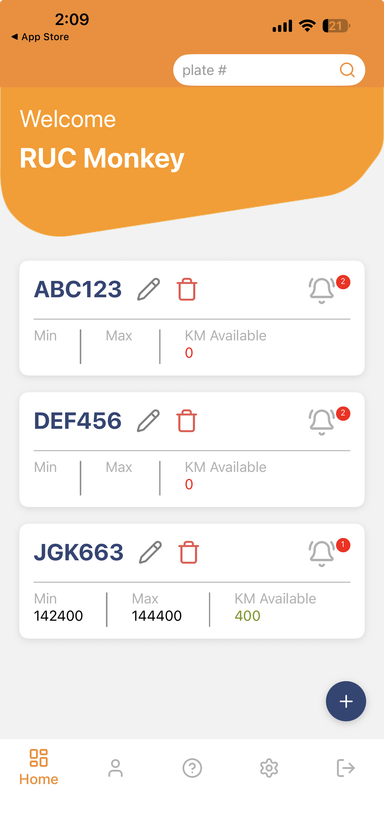 myRUC app home screen listing vehicles and remaining kilometres